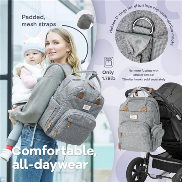 RUVALINO Diaper Bag Backpack Baby Travel Tote Waterproof Stroller Gray Pad - Picture 4 of 7